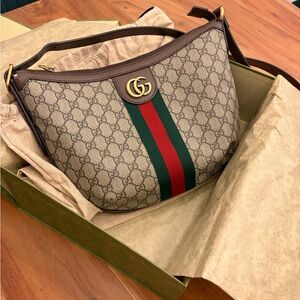 Gucci Brown & Beige GG Supreme Canvas Shoulder Bag with Green-Red Stripe